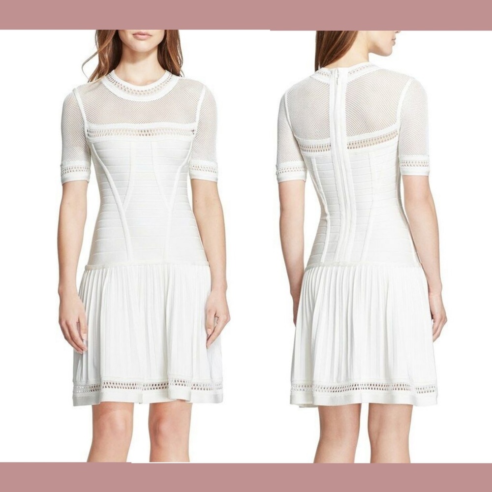 NEW $1690 HERVE LEGER [SZ Small ] Mesh Yoke Flared‎ Dress in Off White #M261